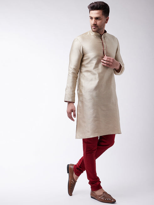 Vastramay Men's Beige And Maroon Silk Blend Kurta Churidar Set
